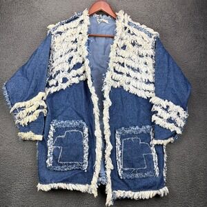 Designs by Joyce Blue Denim Thunderbird Fringed Jacket Women Medium Western Boho